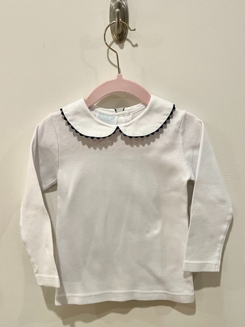 Girls White Peter Pan Collar shirt with Navy Ric Rac Trim - Sz 24 mo.